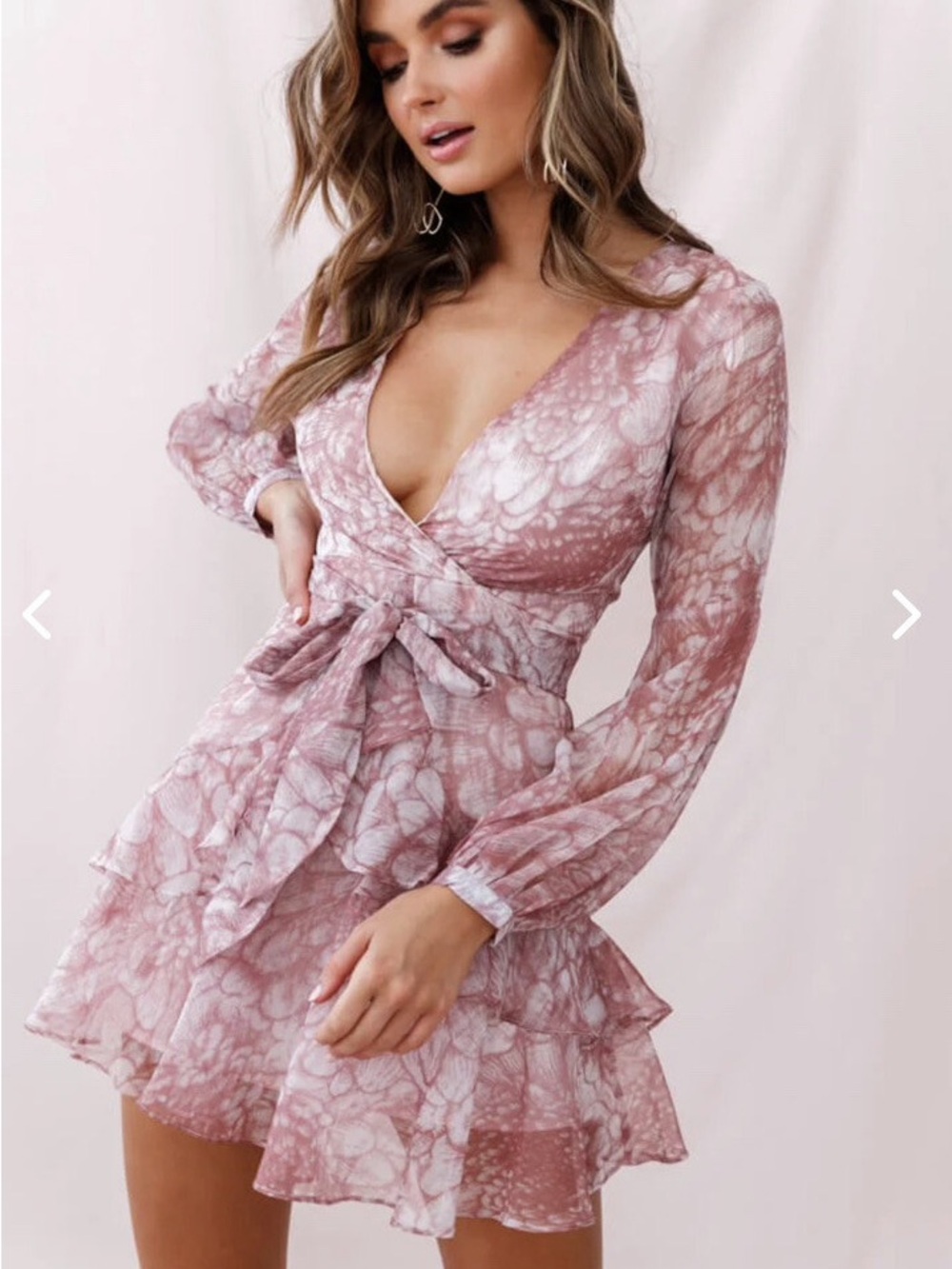 Mauve Floral Ruffled V-Neck Mini Dress